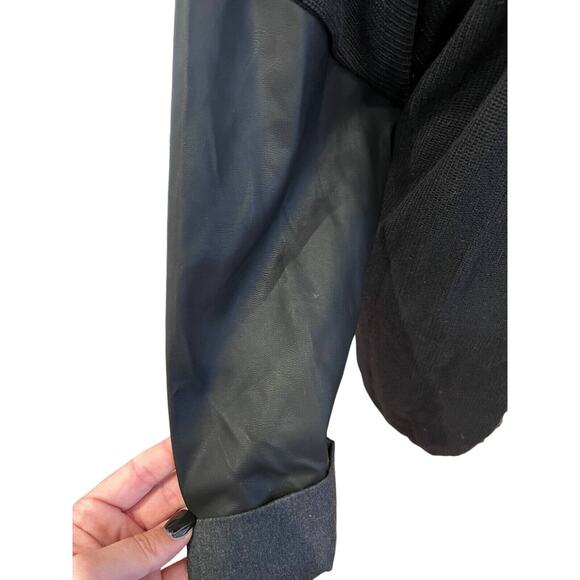 BCBG Generation Black Cardigan Faux Leather Sleeves Size Large Very Unique - Picture 4 of 5